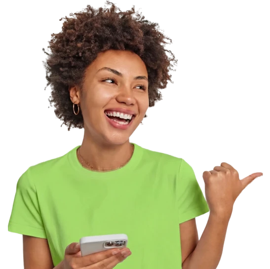 lady holding cellphone and pointing left