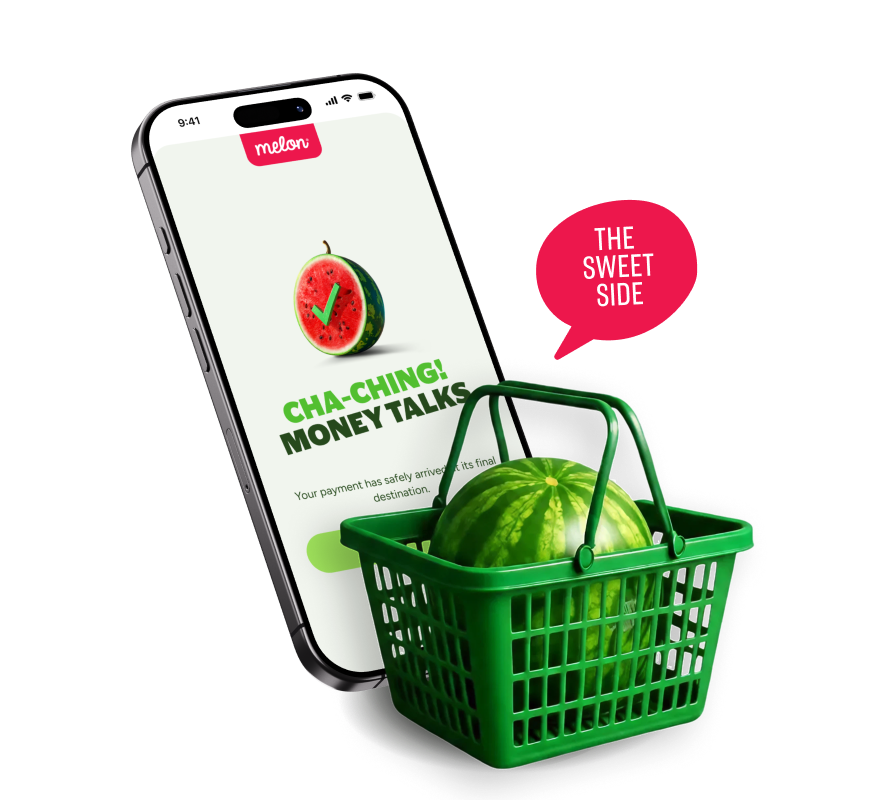 a cell phone with a basket of watermelon