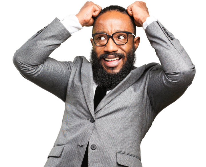 a man in a suit holding his head