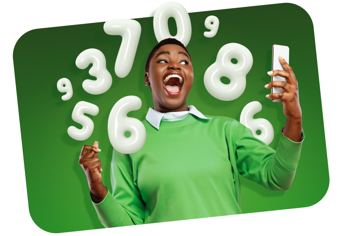 a woman holding a phone and a phone with numbers flying around her