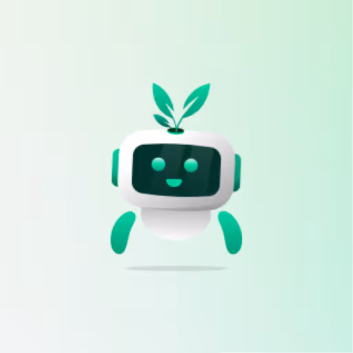 Friendly robot with a dark screen face, smiling eyes, and a small green plant sprout on its head on a light green background.