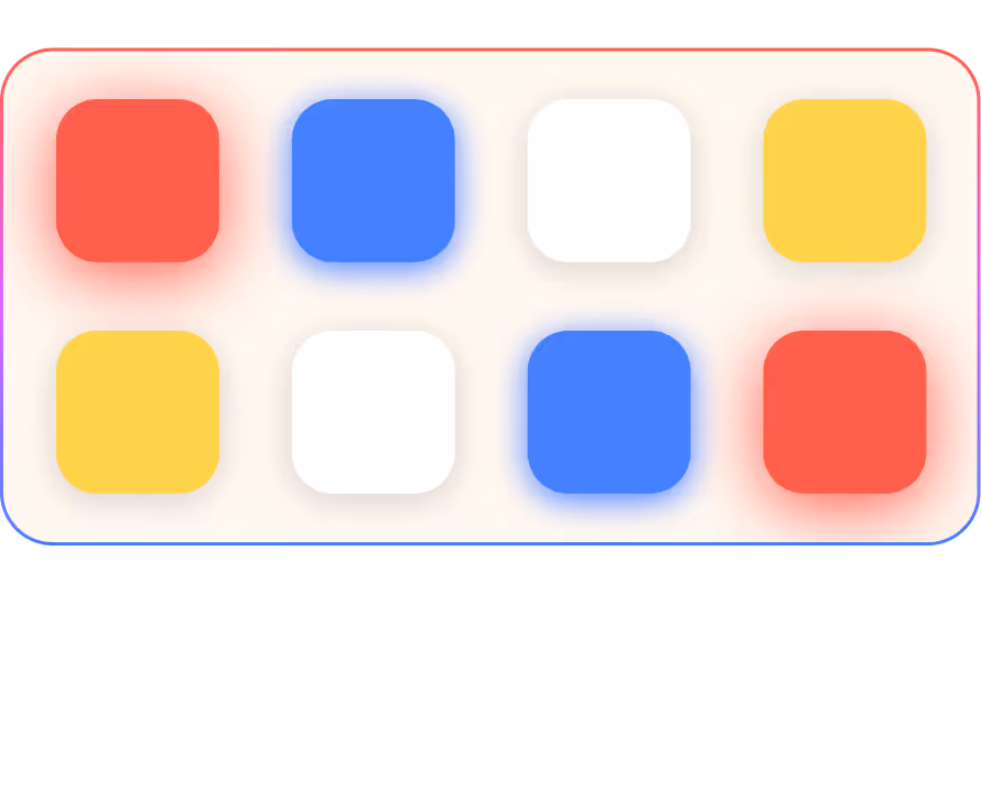 Rounded squares in a grid of two rows and four columns with glowing shadows in red, blue, white, and yellow colors on a light background.