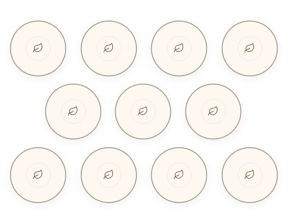 Twelve beige circular lids with a small leaf icon in the center, arranged in three rows on a black background.