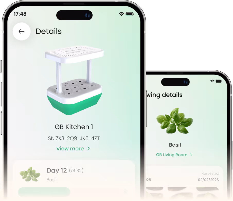 Smartphone screen showing a gardening app with details of 'GB Kitchen 1' planter, including a 3D model, serial number, and progress tracking for basil plant at day 12 with a growth bar.