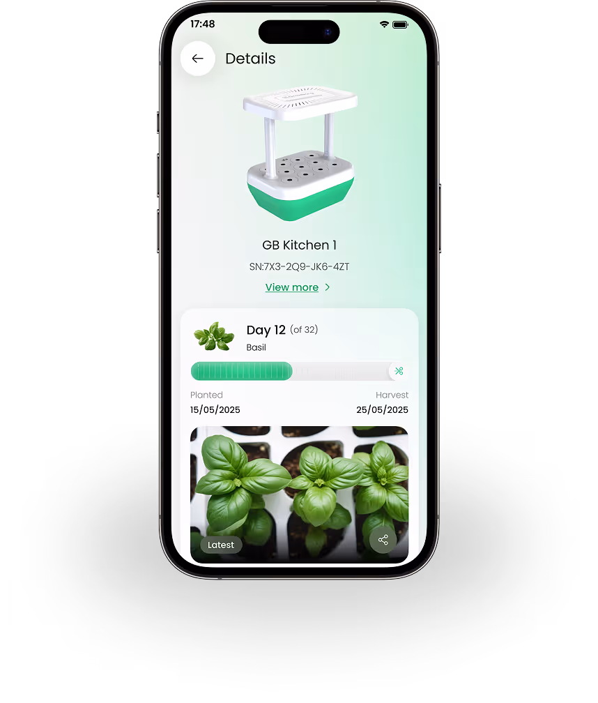 Smartphone screen showing a gardening app with details of a basil plant, including growth progress on day 12, planting and harvest dates, and a photo of basil leaves.