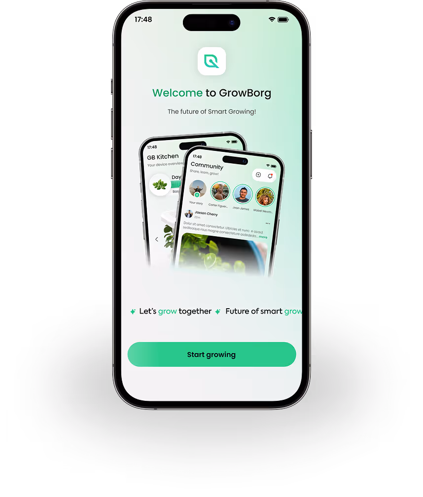 Smartphone screen showing GrowBorg app welcome page with message about smart growing and a green start growing button.