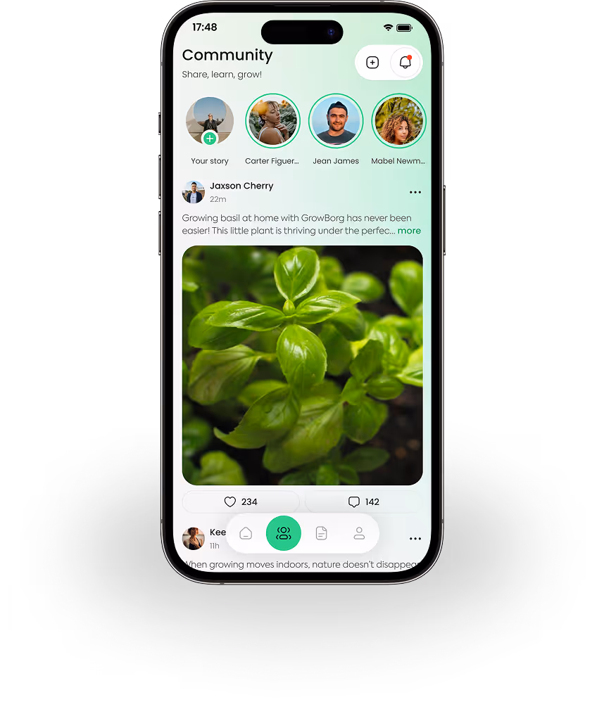 Mobile phone screen showing a social media app named Community with a post featuring a close-up photo of green plant leaves in a blue pot and user icons at the top.