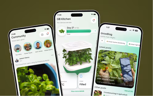 Three smartphone screens displaying a mobile app for growing plants, showing a community feed, device overview with basil plant, and a blog about smart agriculture.