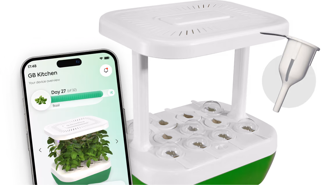 Smart hydroponic indoor garden with basil plants, seed pods, water funnel, nutrient bottles, and a smartphone displaying the gardening app.