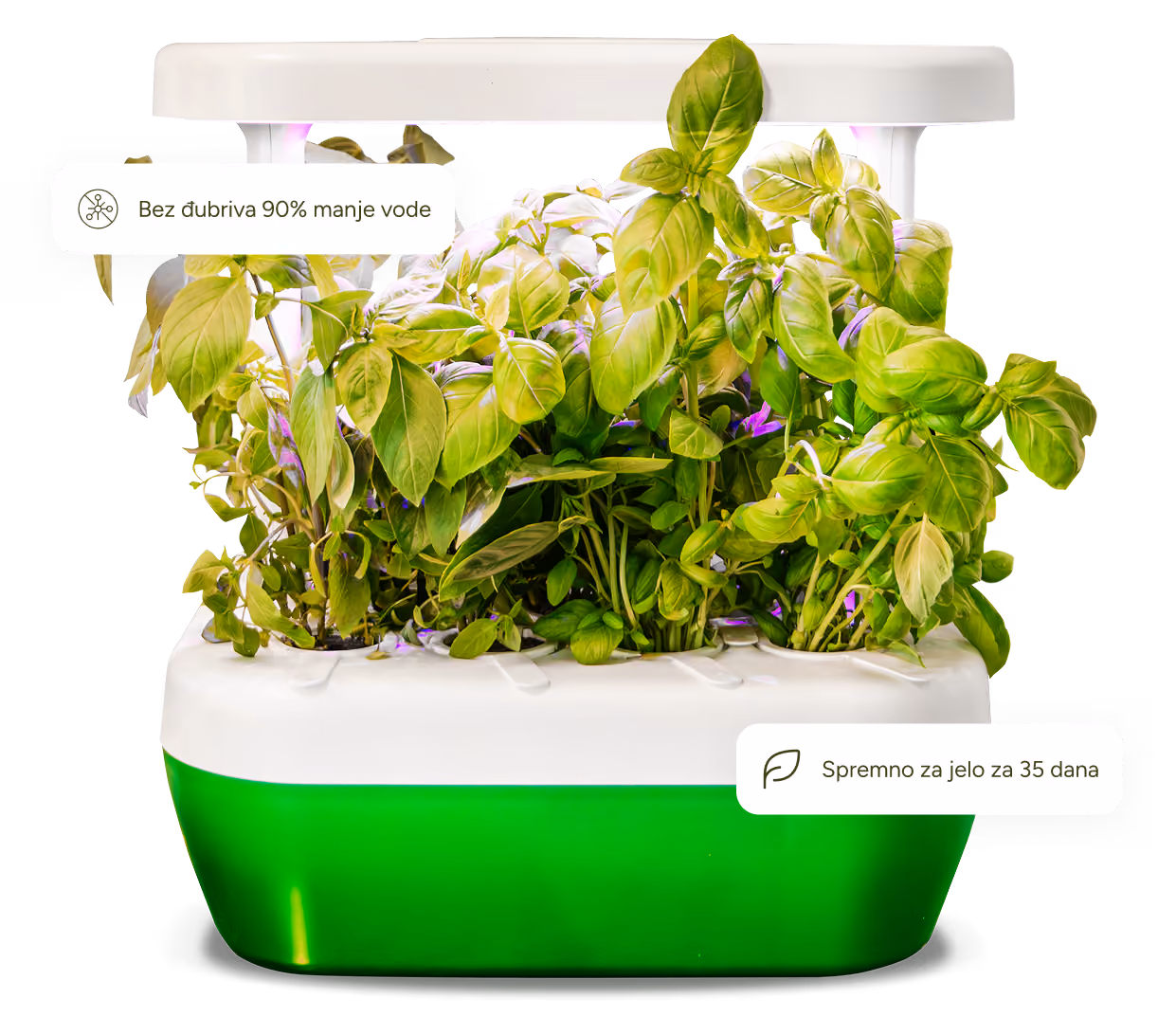 Indoor smart garden planter with green leafy plants and labels stating 'No Fertilizer 90% Less Water' and 'Ready to Eat in 35 Days'.
