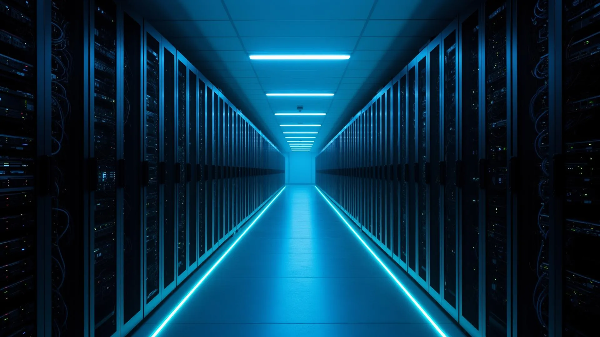 Data center corridor with blue lighting
