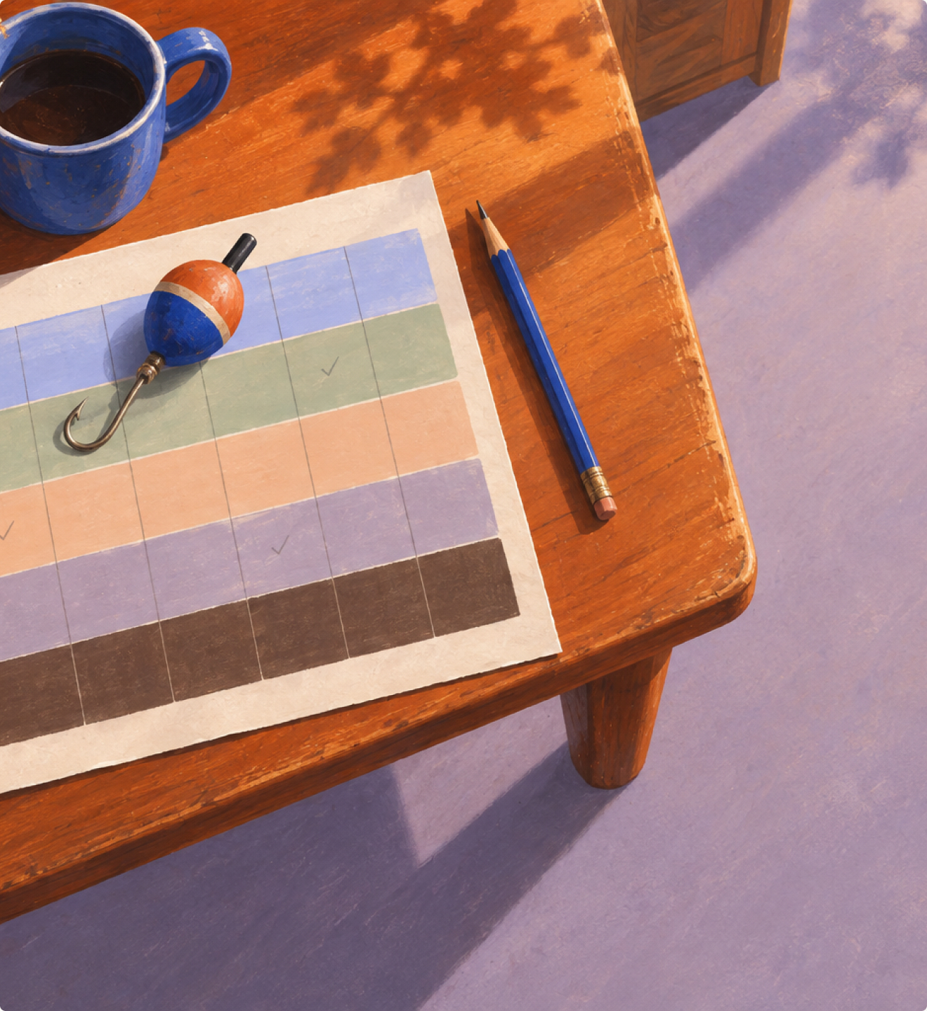 Sunlit desk with an October calendar tinted in five weekly colors, a fishing bobber, mug and pencil
