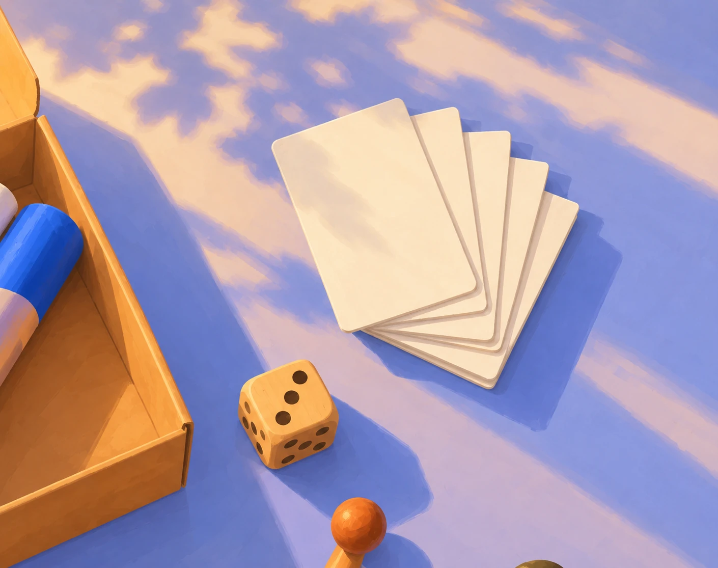 Fanned printed cards, a wooden die and a game token on a periwinkle surface