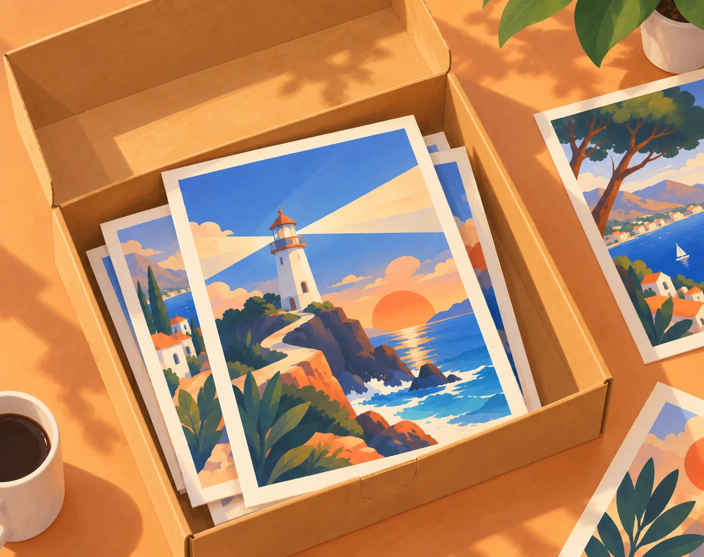 Open kraft kit box with two rolled posters on a periwinkle surface