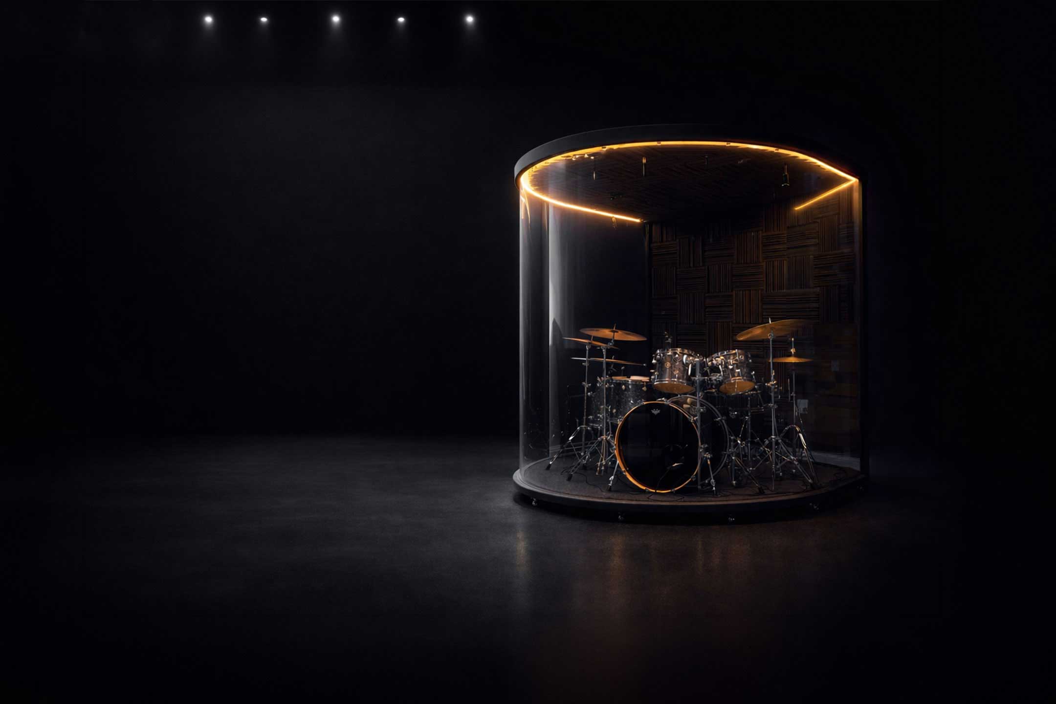 Church Enclosures drum enclosure on a darkened stage