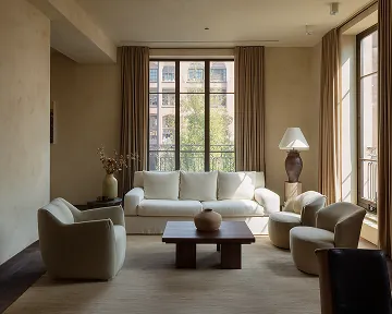 A modern living room featuring two large windows, minimalist design, and warm wooden floors and furniture, highlighting a seamless blend of comfort and architectural elegance.