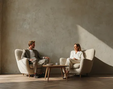 Two people seated in a bright, minimalist room with abundant natural light, showcasing refined spatial design and modern architectural aesthetics.