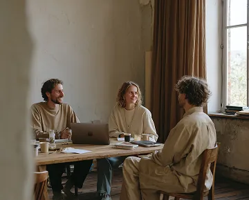 A team of three architects discussing design plans, illustrating collaboration and expert project planning in modern architecture.