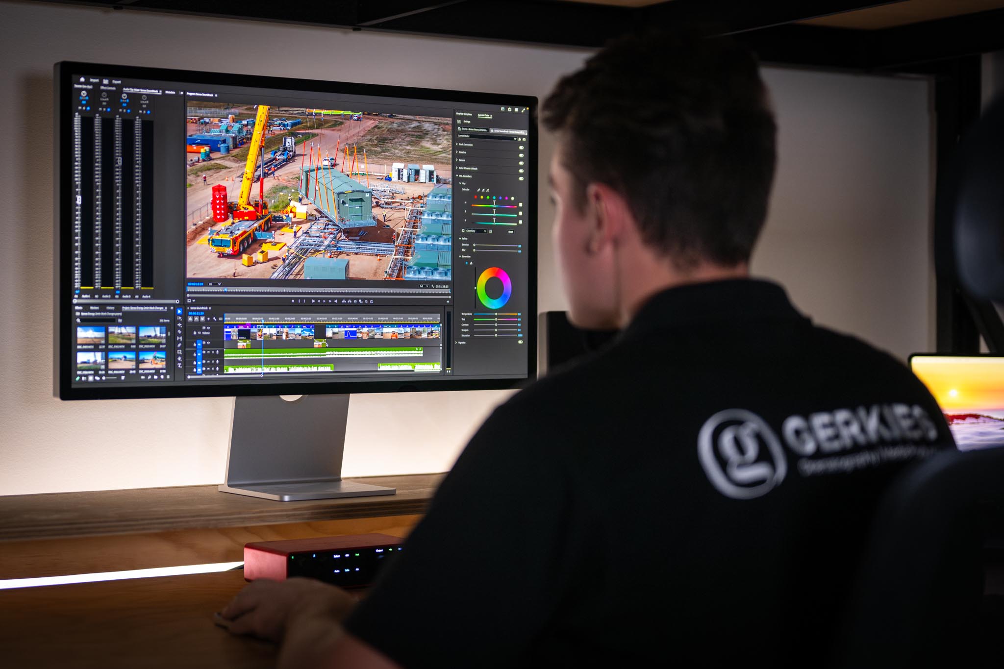 Seth Gerke from Gerkies edits industrial video footage on a large monitor in a studio workspace. The screen shows a construction site video timeline with colour controls and audio tracks.