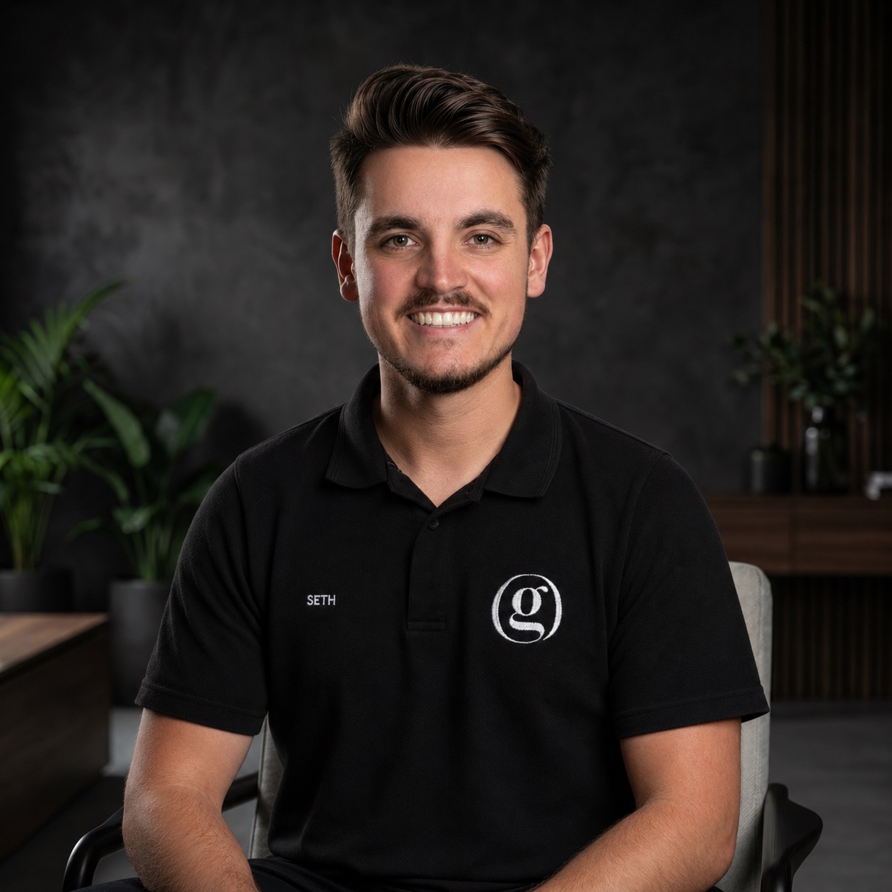 Seth Gerke from Gerkies smiles at the camera while seated in a studio style office setting. He wears a black Gerkies shirt with the name "SETH" embroidered on it and plants softly blurred in the background.