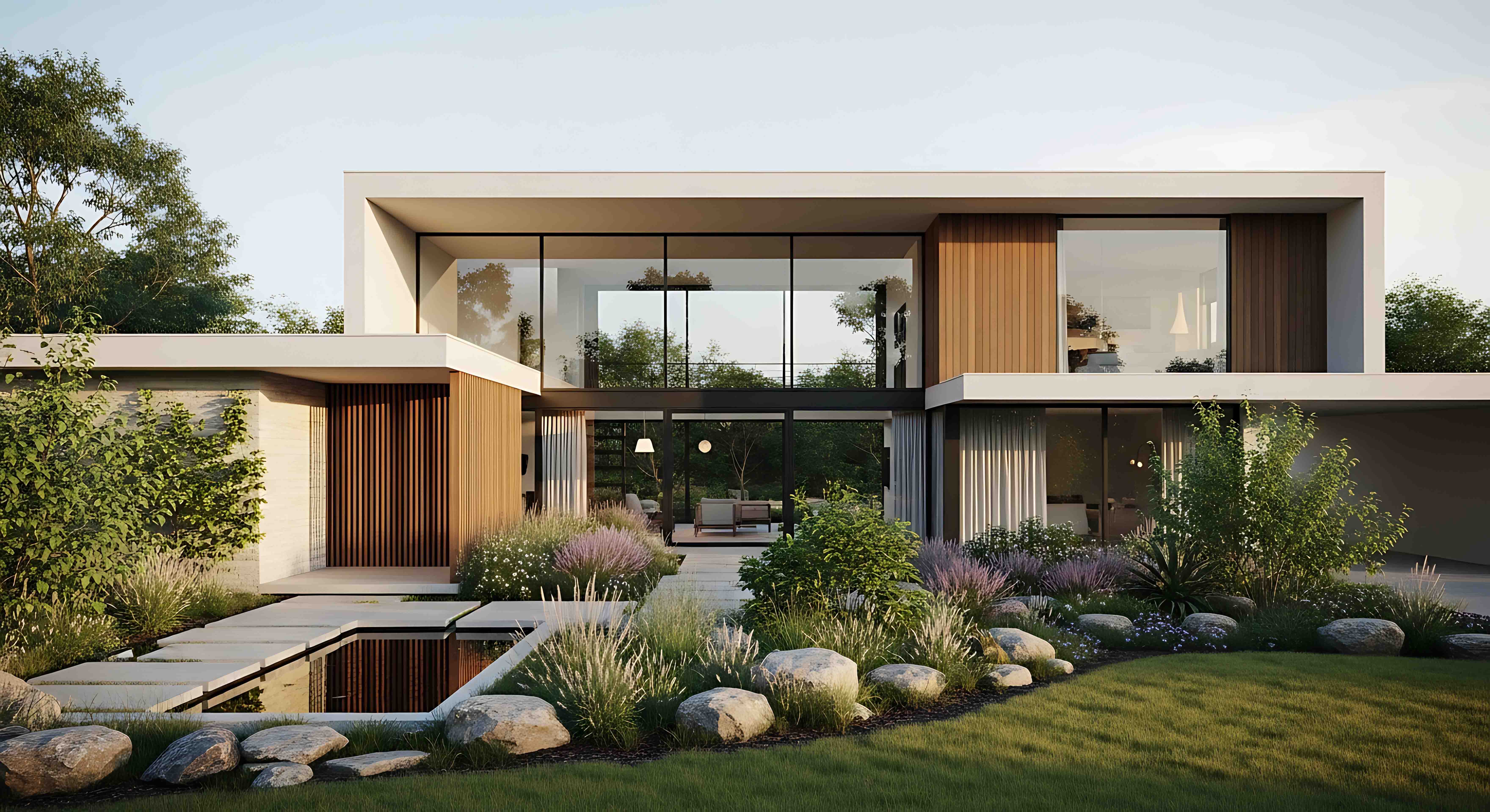 Modernes zweistöckiges Haus mit großen Glasfenstern, Holzvertäfelung und gepflegtem Garten mit Steinen und Teich.