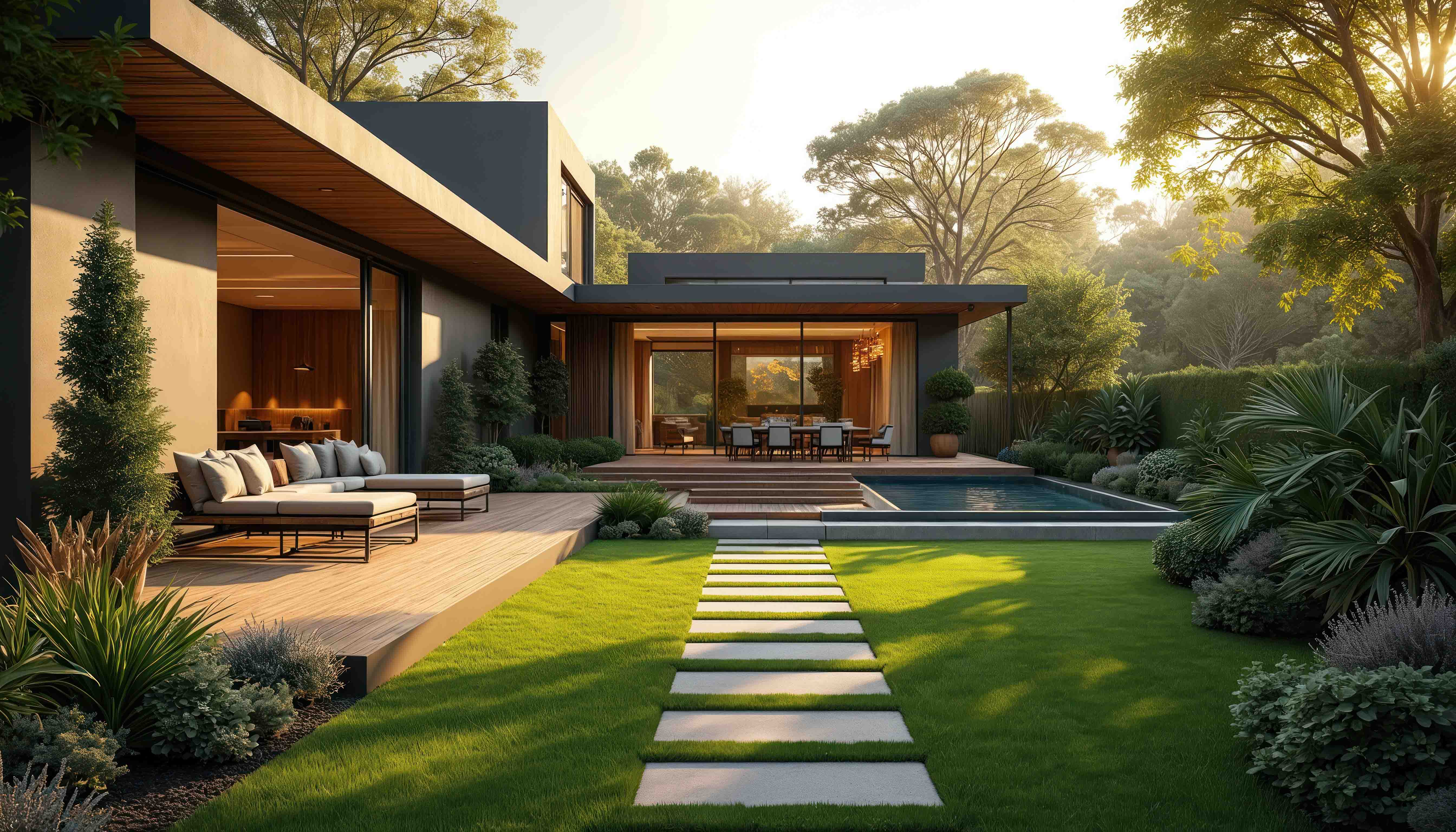 Moderner Garten mit gepflegtem Rasen, Steinweg, Pool, Holzterrasse und Sofa bei Haus mit großen Fenstern in sonniger Umgebung.