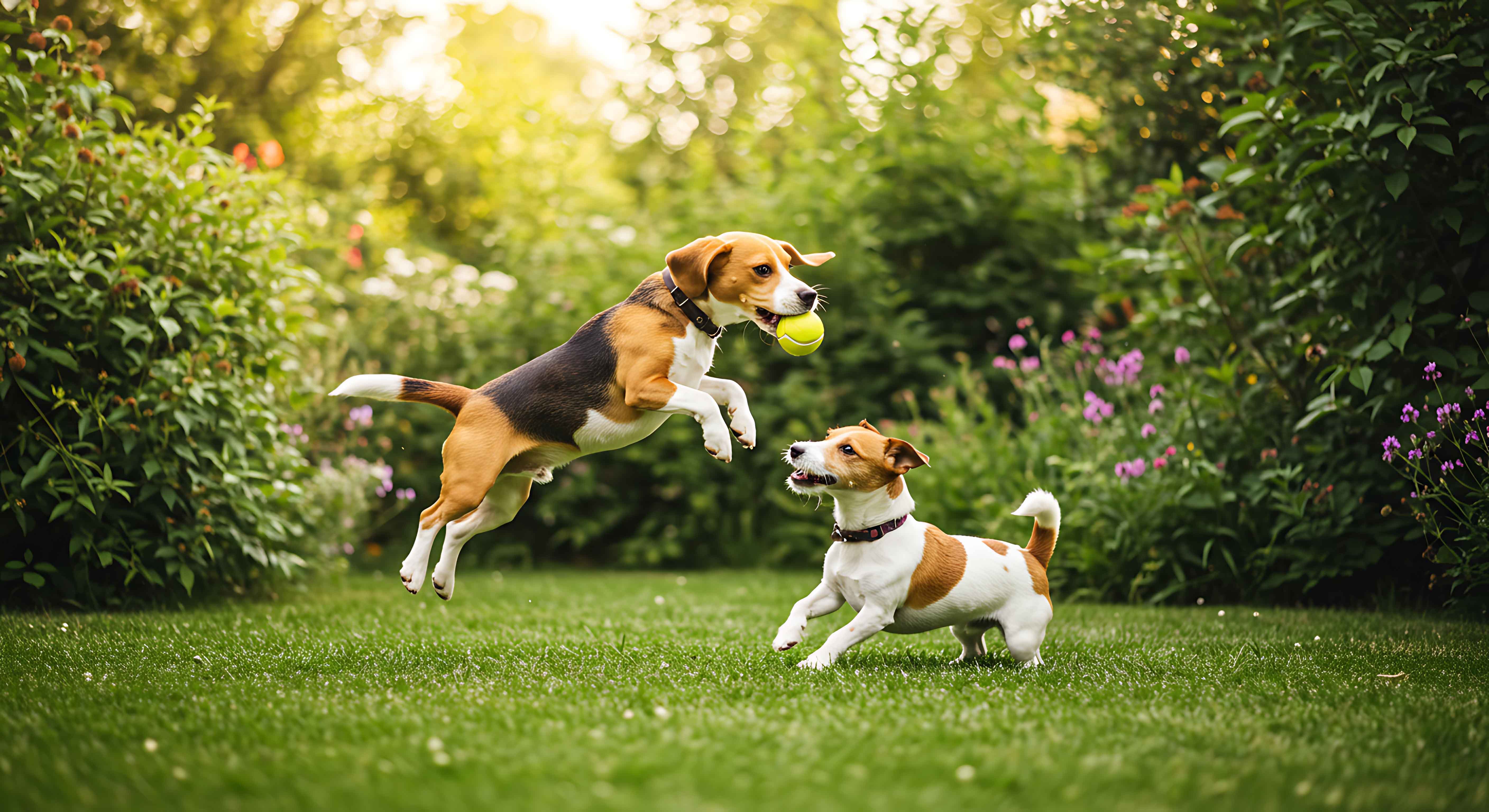 Zwei spielende Hunde im Garten, einer springt mit einem Tennisball im Mund, der andere schaut zu.