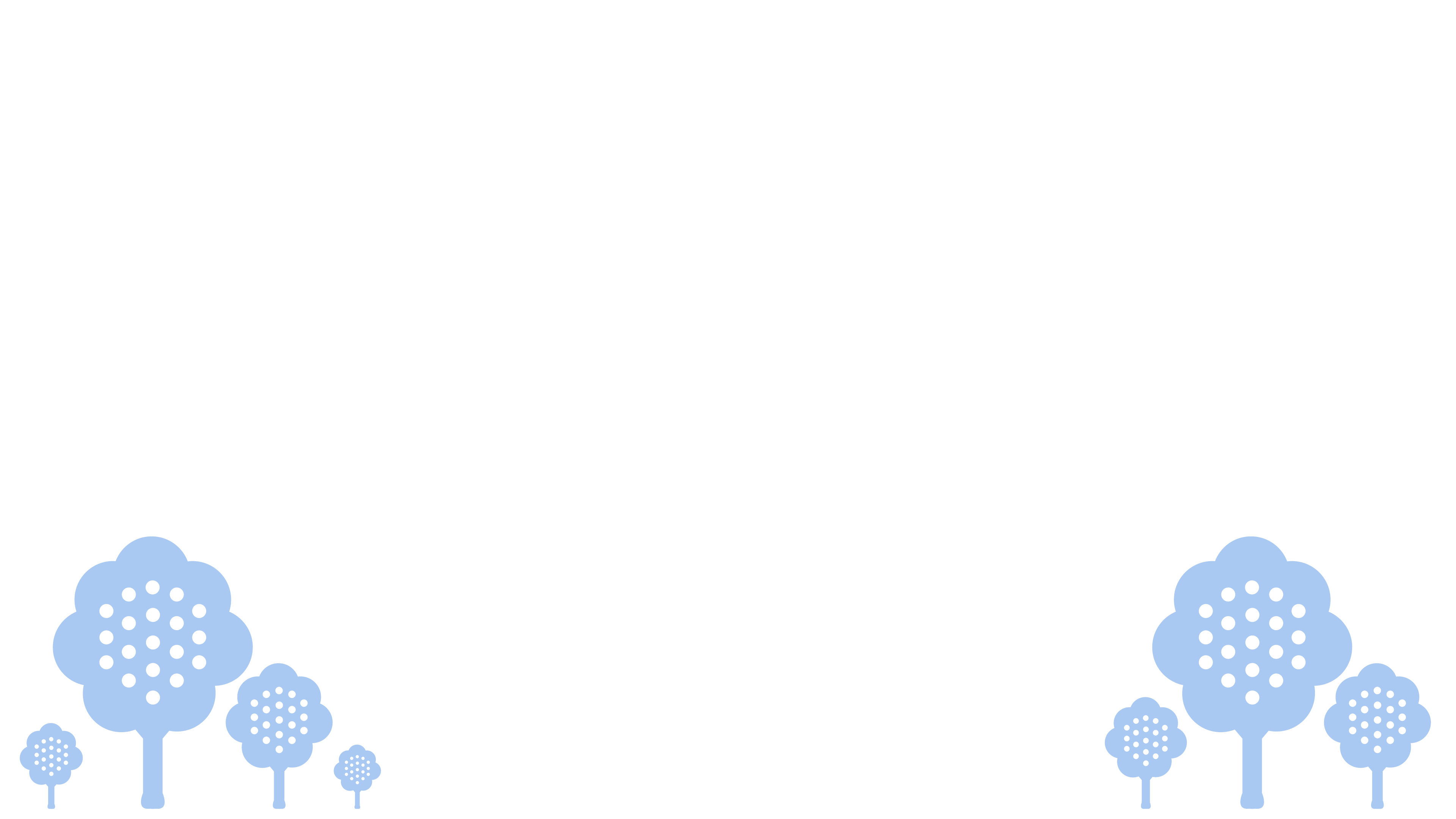 Black city skyline above two rows of stylized blue trees with circular dotted patterns.