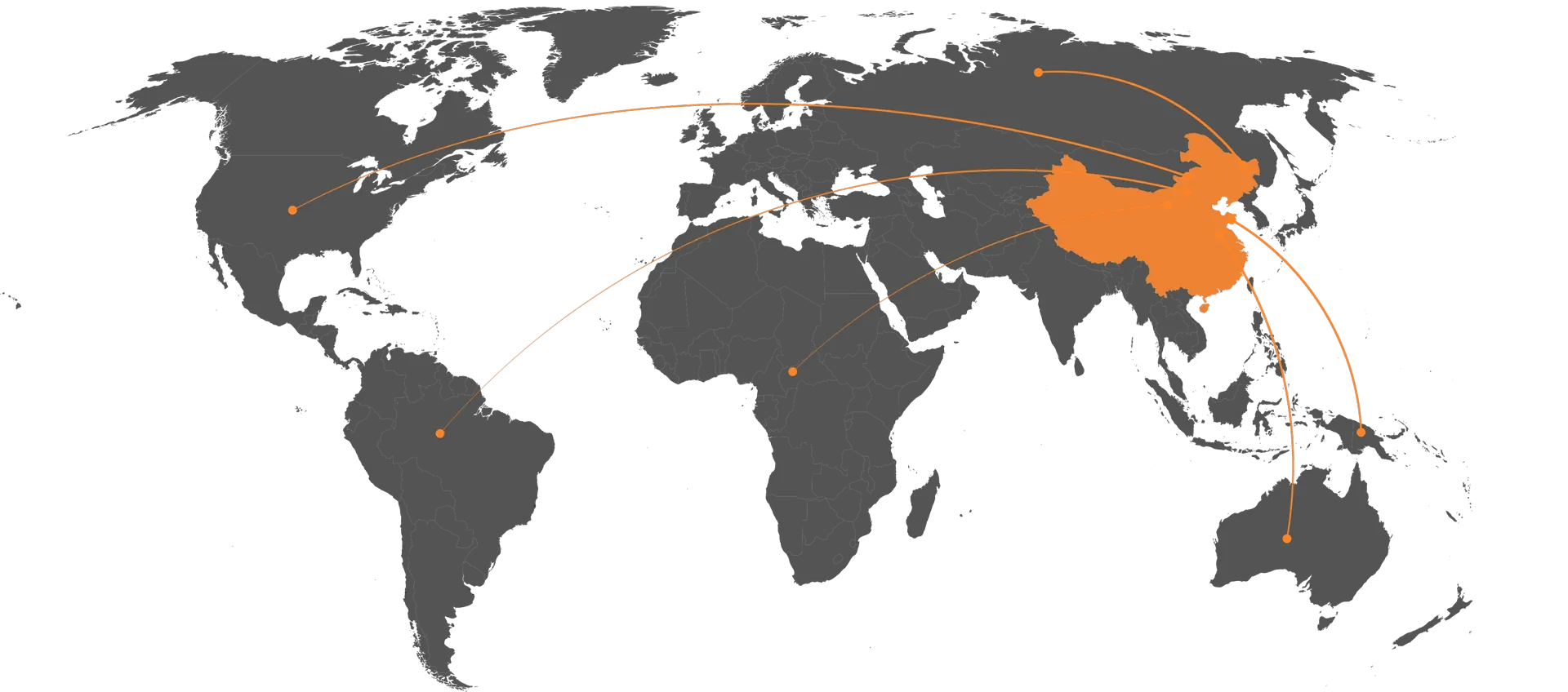 World map with China highlighted in orange and orange lines to key global locations.