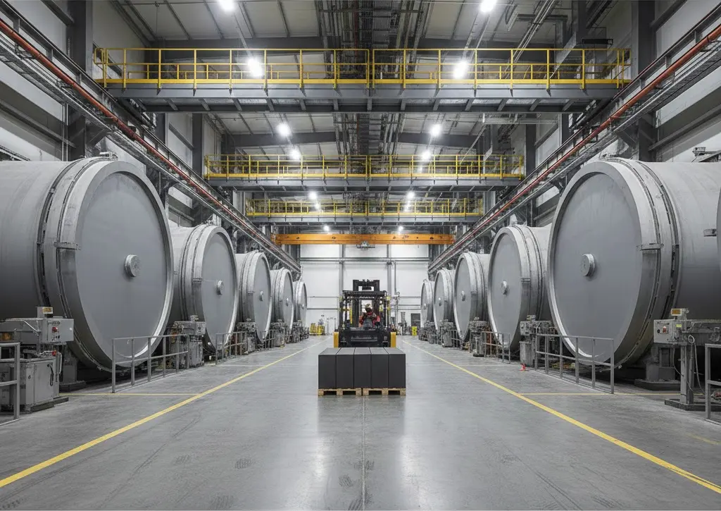 Inside industrial facility with large cylindrical tanks on both sides and a forklift at the center aisle.