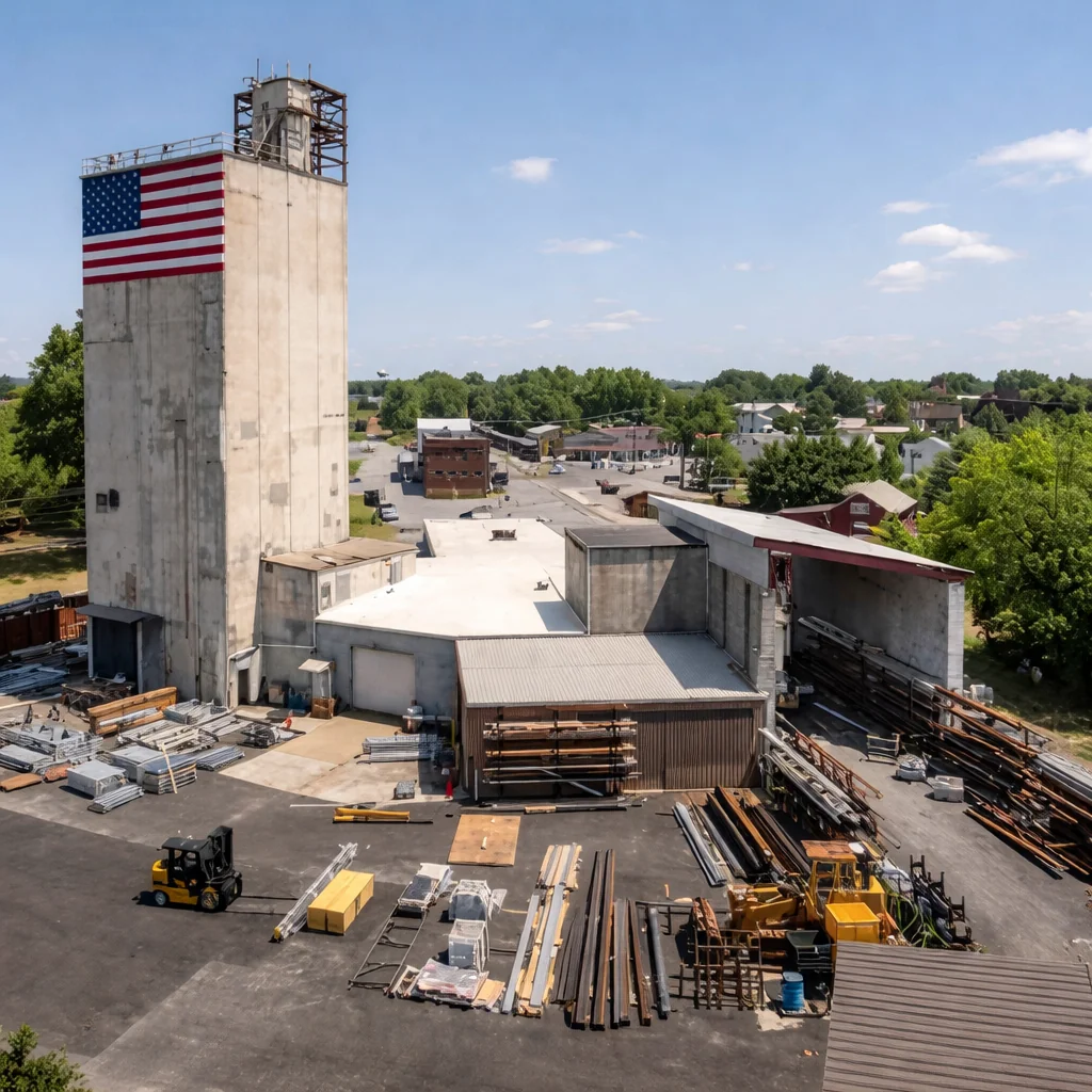 Industrial yard with metal beams, forklifts, and a tall building displaying a large American flag.