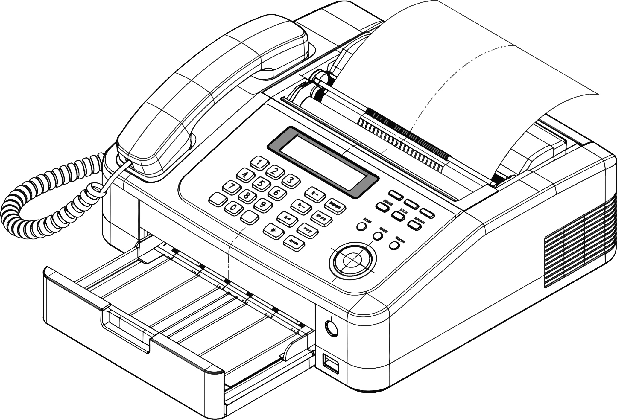 Line drawing of a fax machine with a handset, keypad, display screen, and paper output tray.