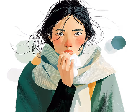 Illustration of a woman with dark hair blowing in the wind, wearing a green coat and white scarf, holding a tissue to her nose.