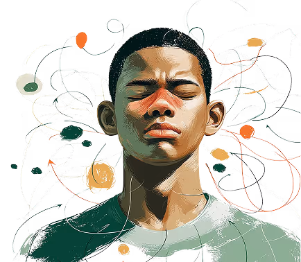 Illustration of a young man with closed eyes surrounded by abstract swirling lines and colored orbs representing thoughts or emotions.