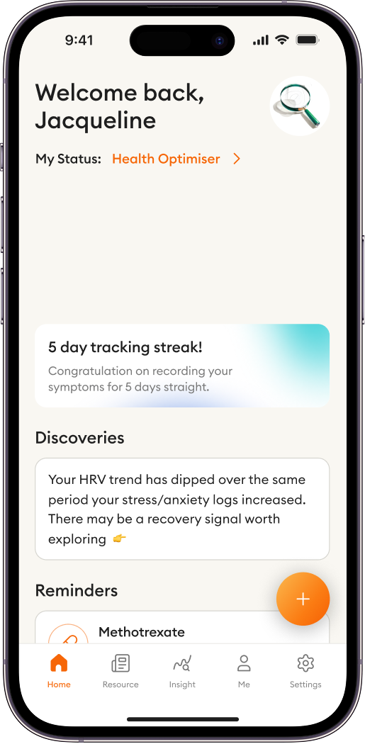Health tracking app screen welcoming user Jacqueline, showing a 5-day symptom tracking streak, a discovery about fatigue linked to less than 6 hours of sleep, and a reminder for Methotrexate medication.