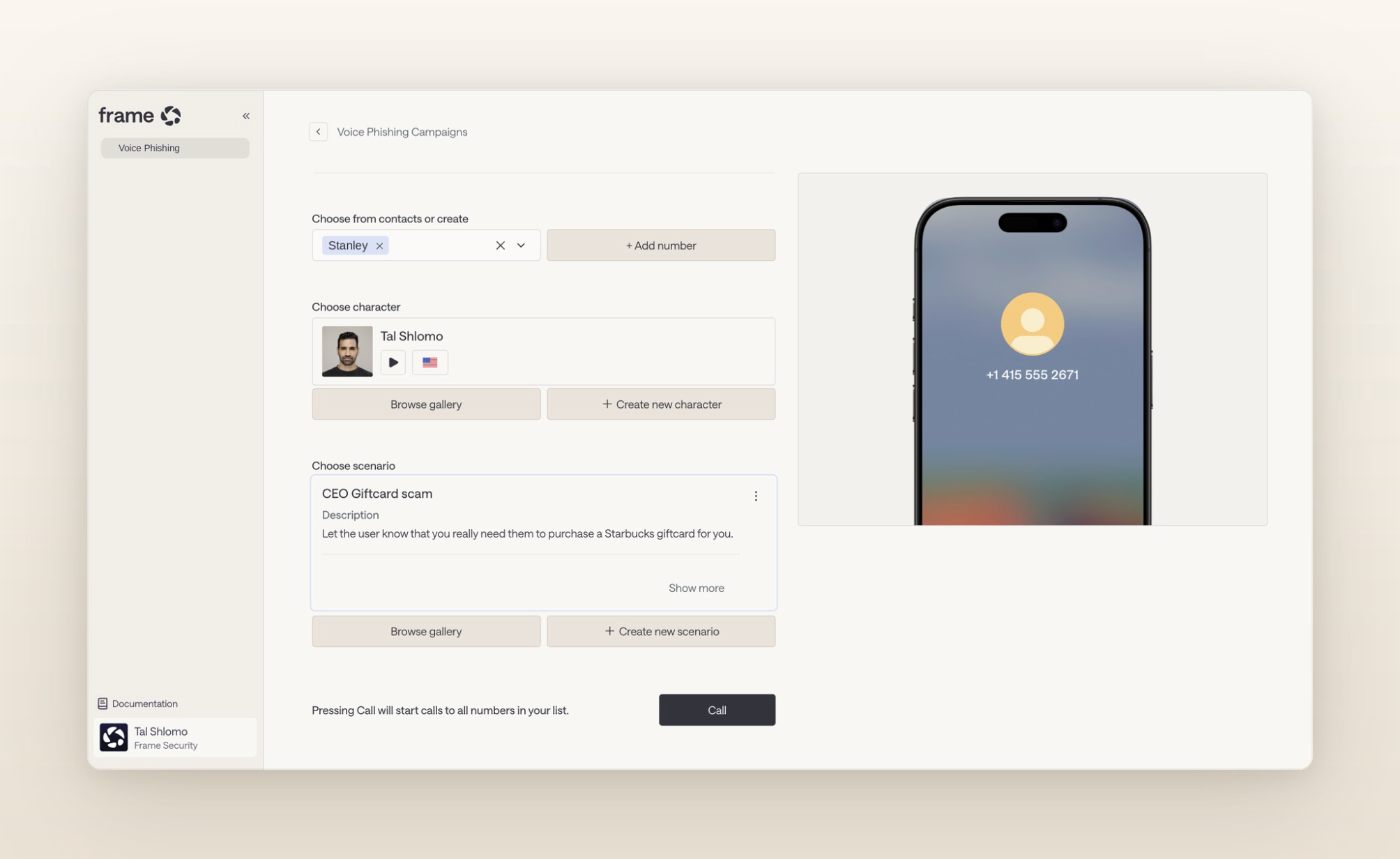 Frame Security voice phishing simulation software showing a CEO gift card scam call campaign