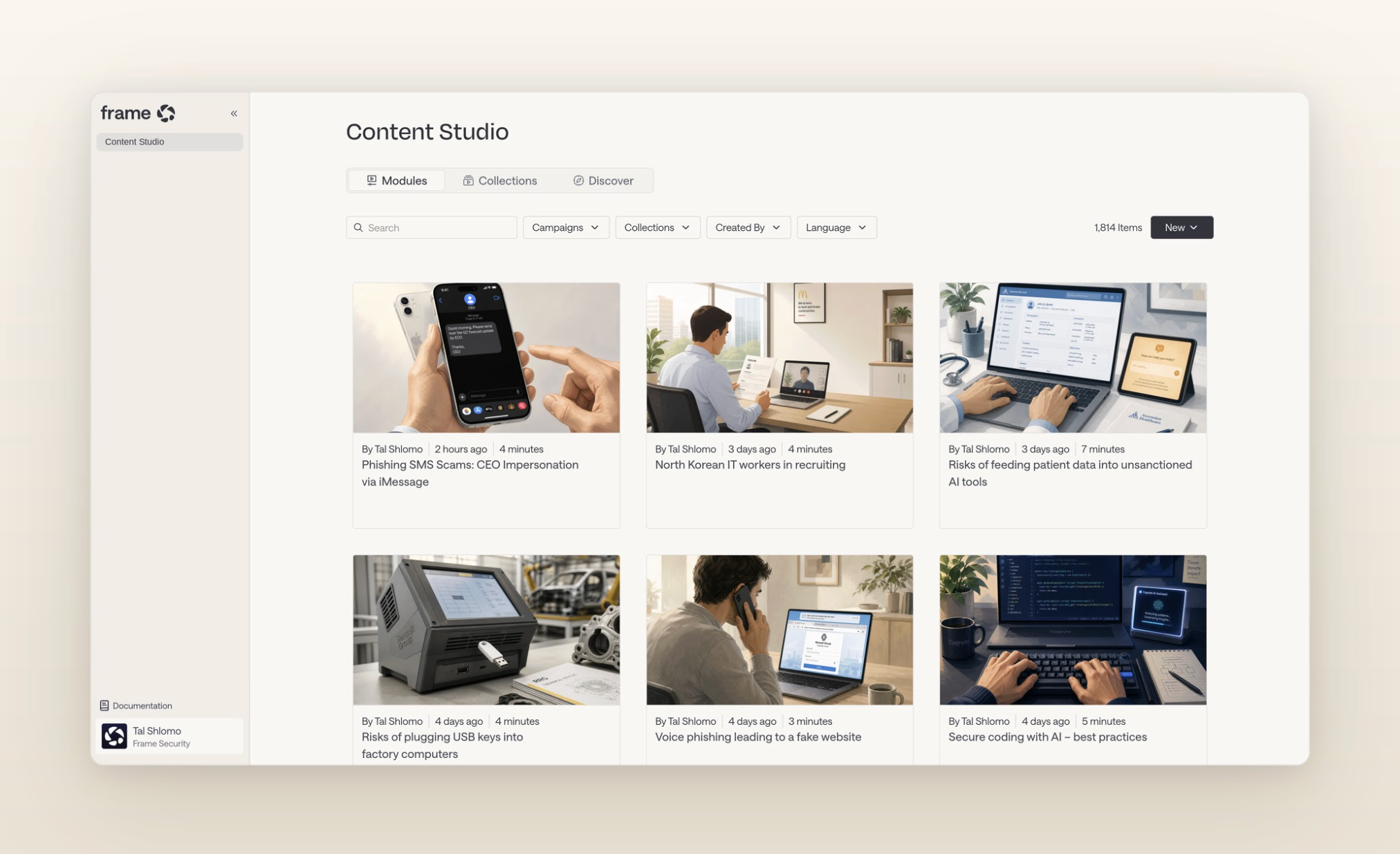 Frame Security AI Content Studio generating a training module from an admin description.