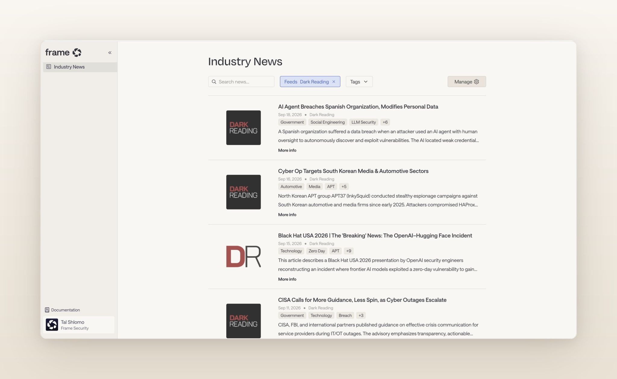 Frame Secuity’s Industry News feed helps you stay on top of the latest threats and use them as the baseline for new training.