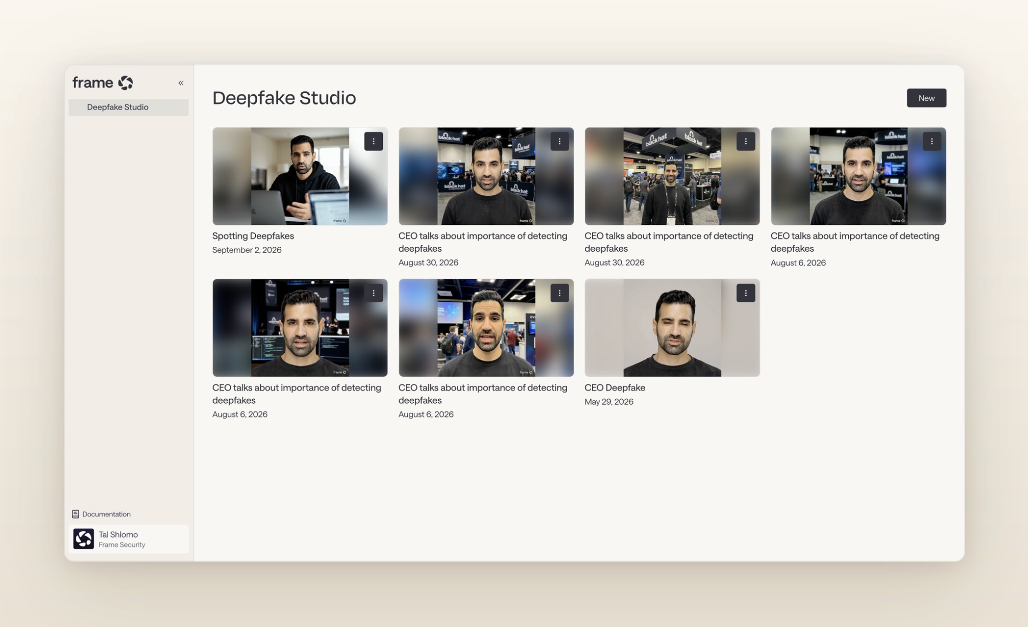Frame Security Deepfake Studio showing AI-generated video simulations used to train employees to spot deepfakes.