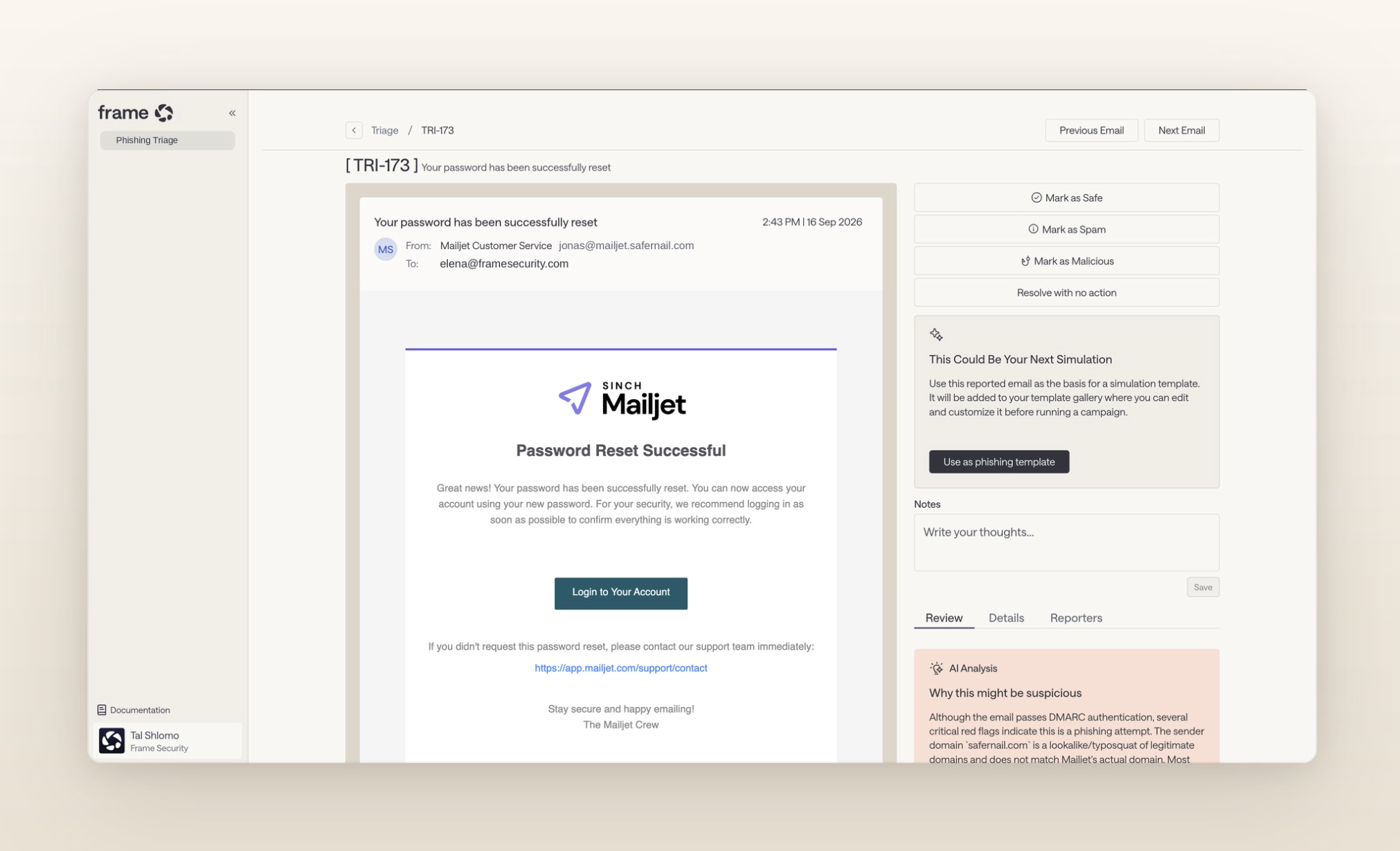 Frame Security Phishing Triage showing a reported email, AI analysis, and response actions.