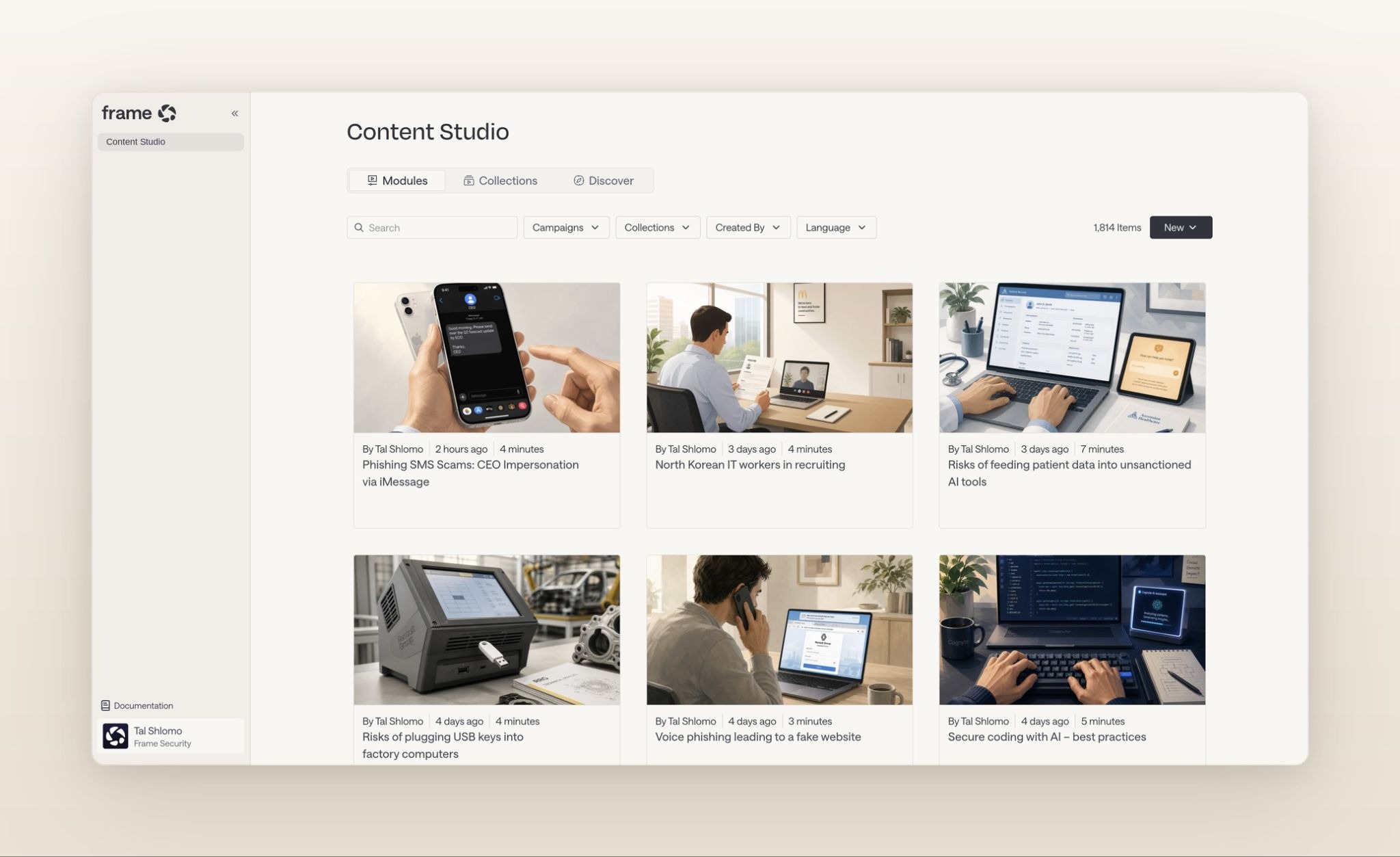 Frame Security AI Content Studio generating a training module from a topic description.
