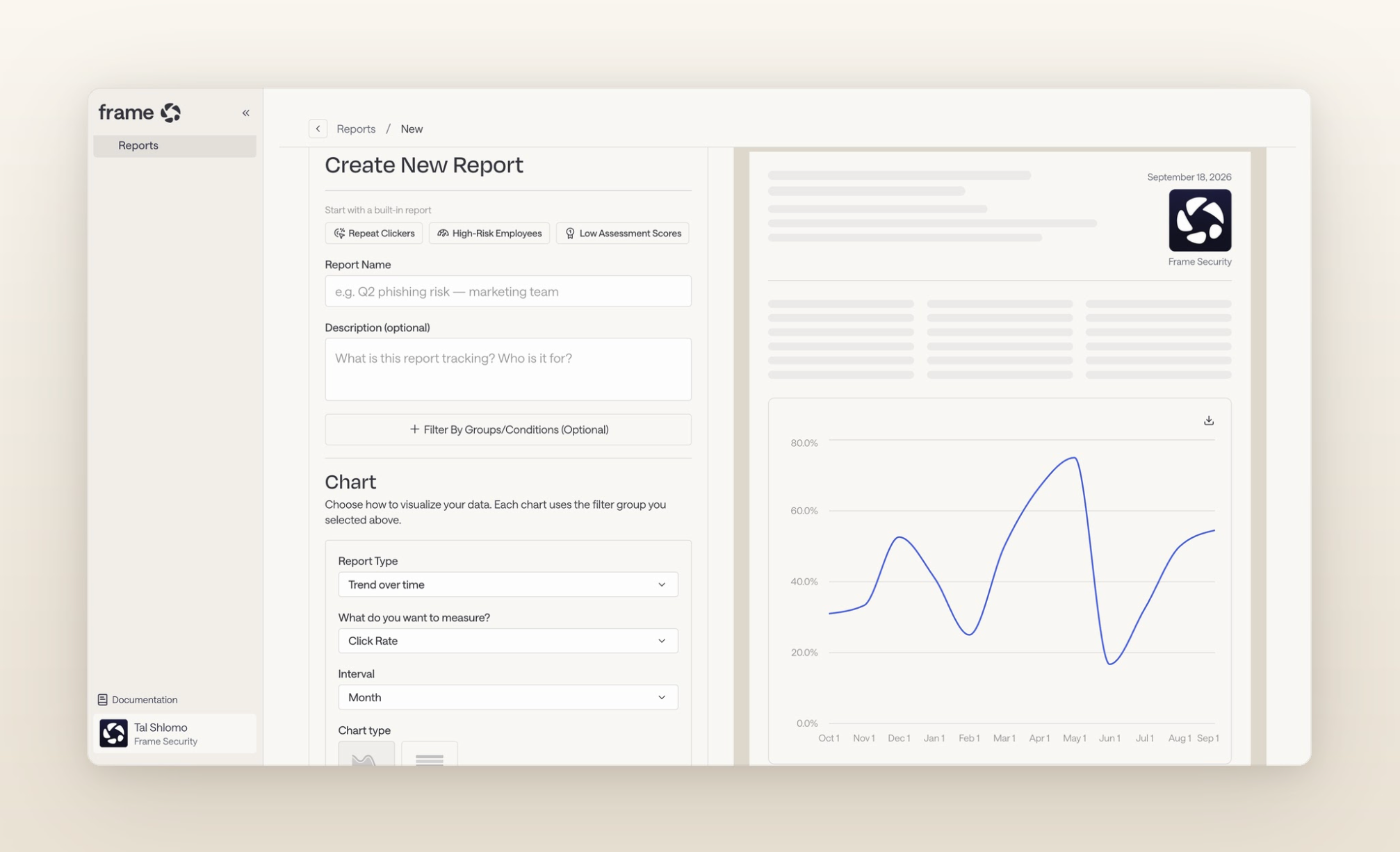 Frame Security reporting dashboard for creating employee security risk reports and tracking trends over time