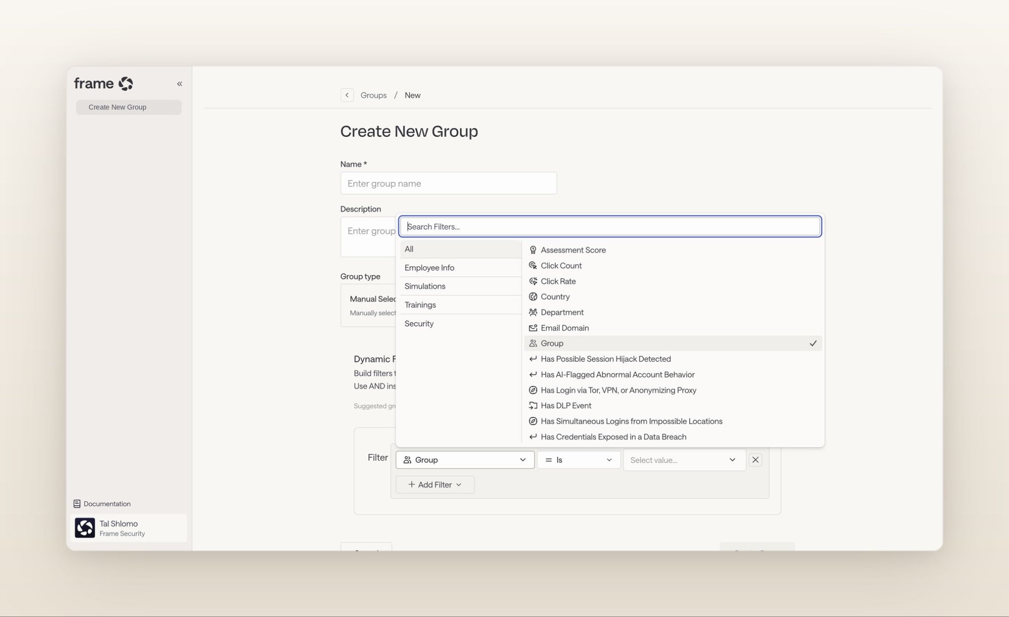 Frame Security group creation screen showing assignment filters.