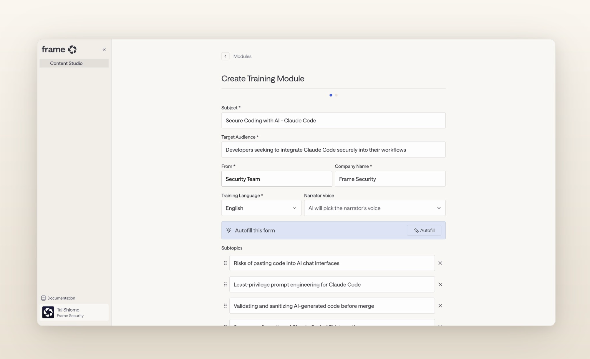 Frame Security role-based training module for developers, tailored to secure AI coding workflows and job-specific risks