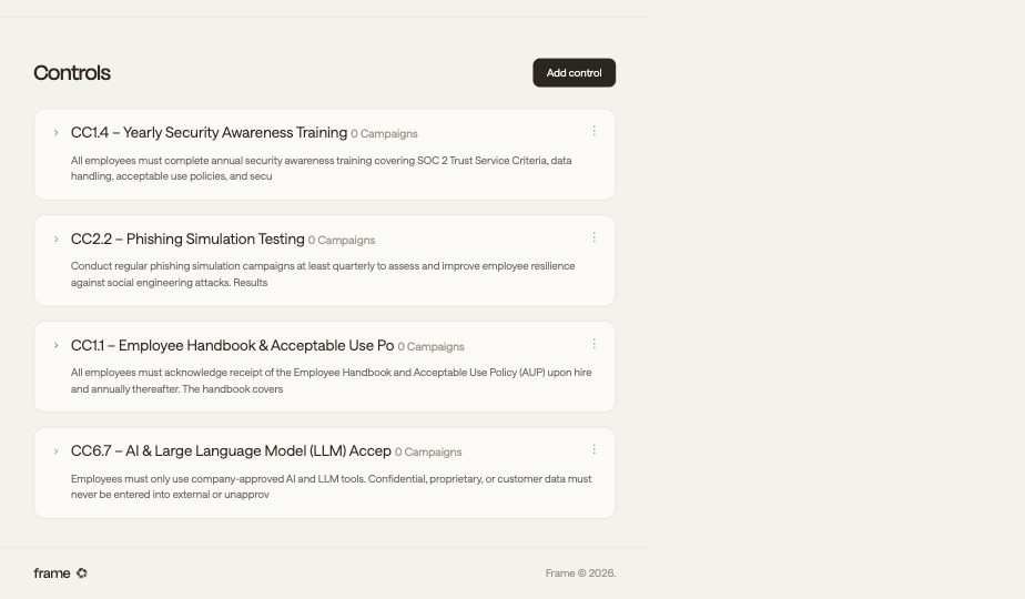 Frame Security SOC 2 compliance controls for security awareness training, phishing simulations, acceptable use, and AI use