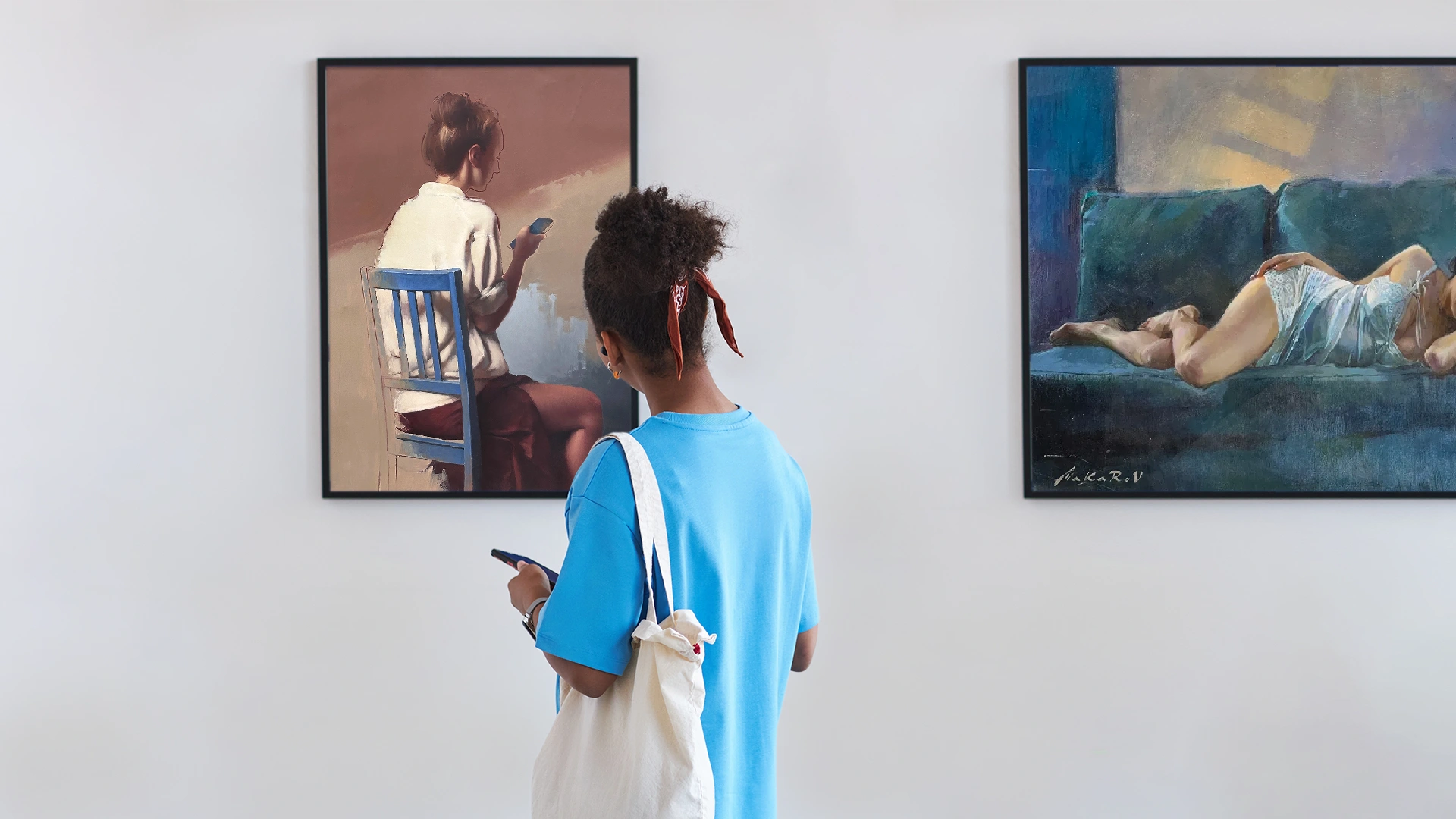 Person with a red hairband and blue shirt looking at a painting of a woman sitting on a chair.