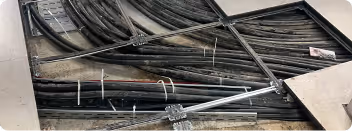 Verschiedene schwarze Elektrokabel und Leitungsträger auf Betonboden verlegt, teilweise mit Befestigungsclips und Kabelbindern fixiert.