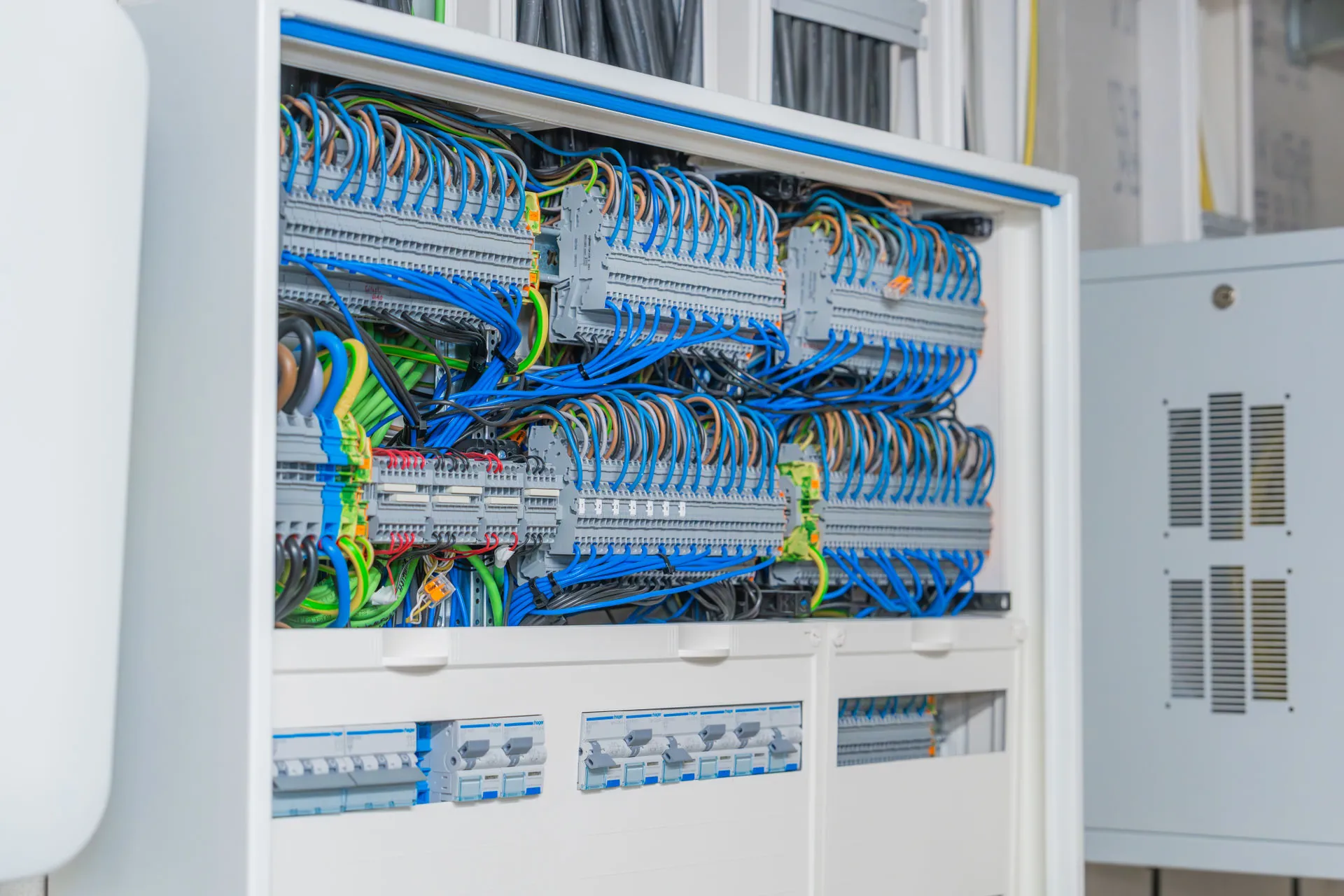Ein professionell verdrahteter, offener Schaltschrank mit zahlreichen blauen, braunen und grün-gelben Adern, die sauber in Reihenklemmen geführt sind; darunter befinden sich installierte Leitungsschutzschalter.
