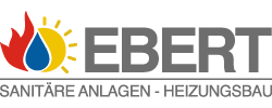 Das EBERT-Logo mit einer stilisierten Sonne, einem Wassertropfen und einer Flamme als Symbol für Sanitäranlagen und Heizungsbau.