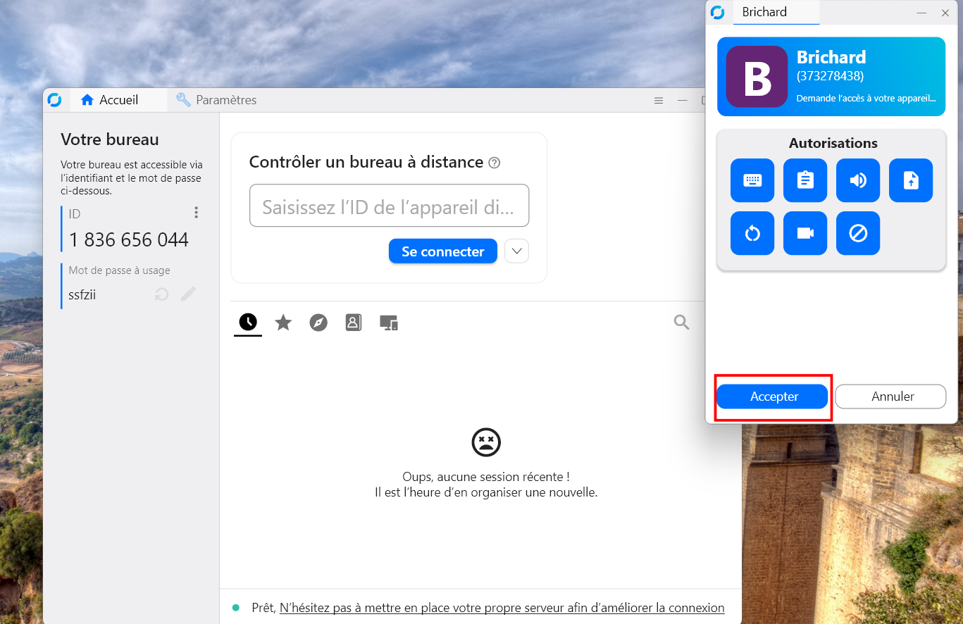 RustDesk pop-up with the Accept option circled